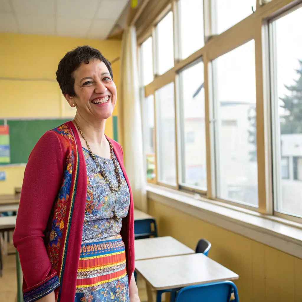 Isabelle is an enthusiastic woman with glasses and a friendly face, passionate about teaching and empowering others.