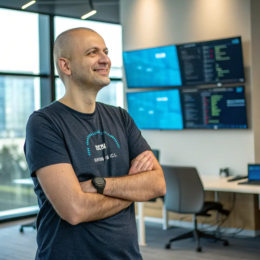 George Harris is a man with a shaved head, wearing a tech-company t-shirt and a focused look, highlighting his technical expertise.