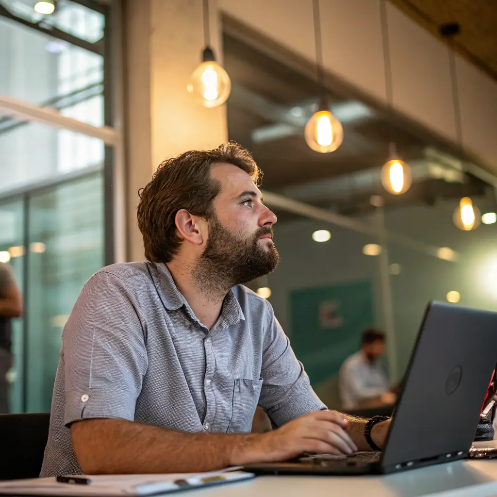 David Evans is a man with a neatly trimmed beard, wearing a casual shirt and a thoughtful gaze, reflecting his creative approach to content creation.