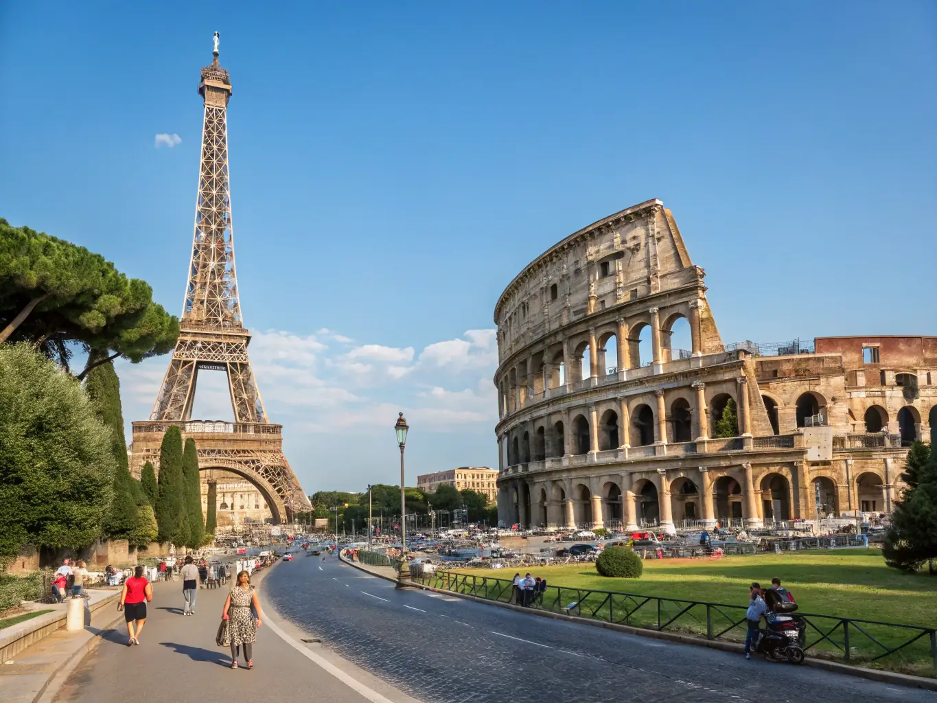 A scenic landscape featuring a world-famous landmark, such as the Eiffel Tower or the Great Wall of China, under a clear blue sky.