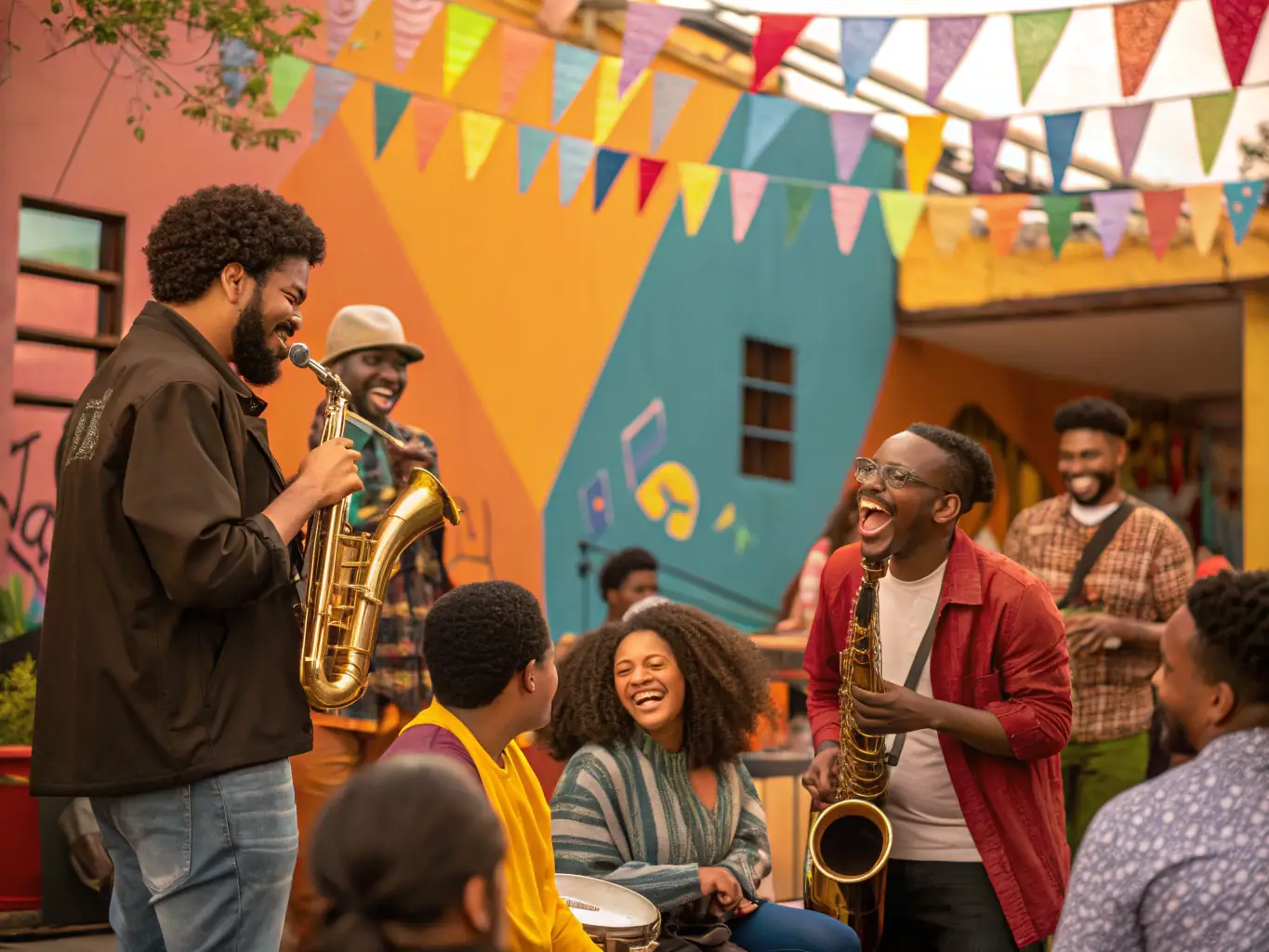 a vibrant collage of artists performing live, collaborative art projects, and community events, showcasing the collective's dynamic environment