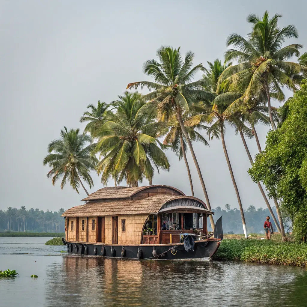 A serene backwater scene in Alappuzha, Kerala, with a traditional Kerala house visible on the banks, showcasing the peaceful village life and the natural beauty of the region. Focus on the cultural and natural elements.