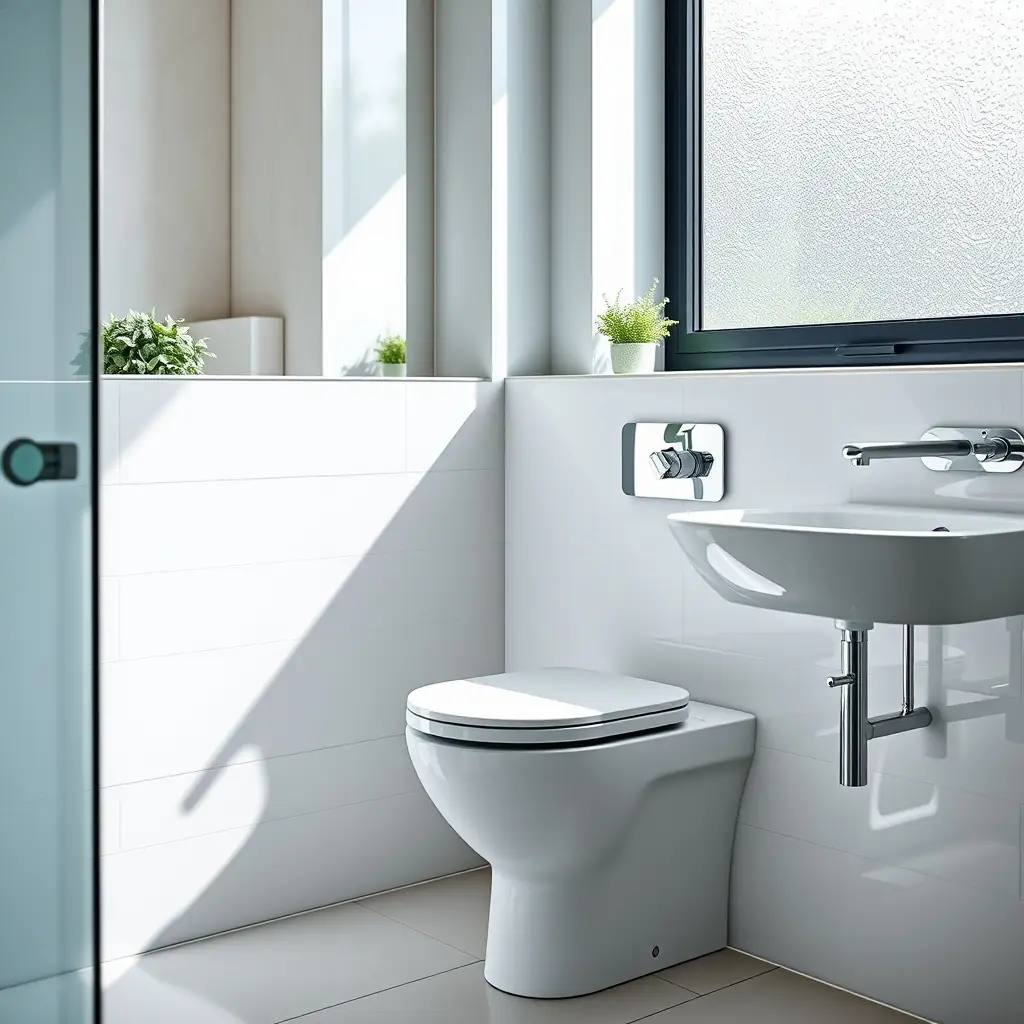 A modern bathroom with white tiles and chrome fixtures.