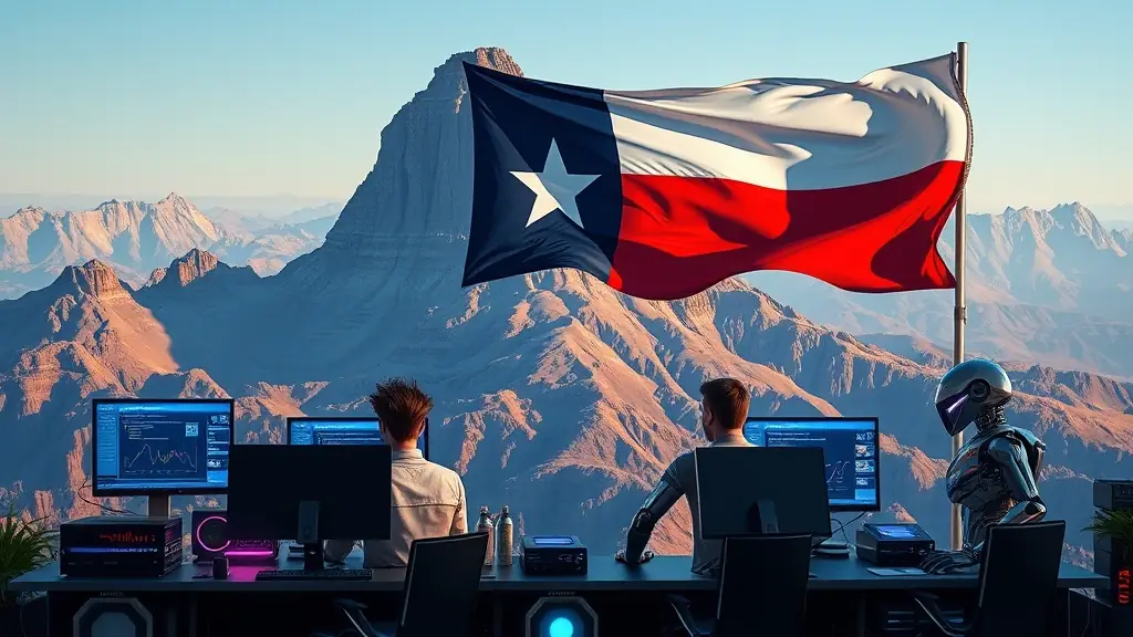 A high-resolution image of a cavernous mountain top in Texas with a large Texas flag, featuring a futuristic scene with R2, Neo from The Matrix, and C3PO working together in a high-tech environment, symbolizing advanced SEO solutions.