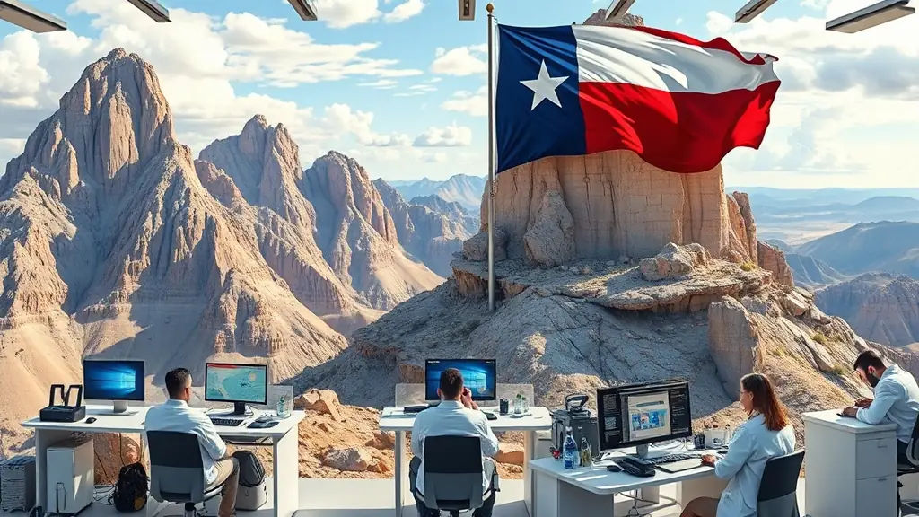 A panoramic scene of a large cavern atop a Texas mountain, with a Texas flag fluttering, featuring futuristic scientists working on computers, symbolizing advanced SEO innovation.