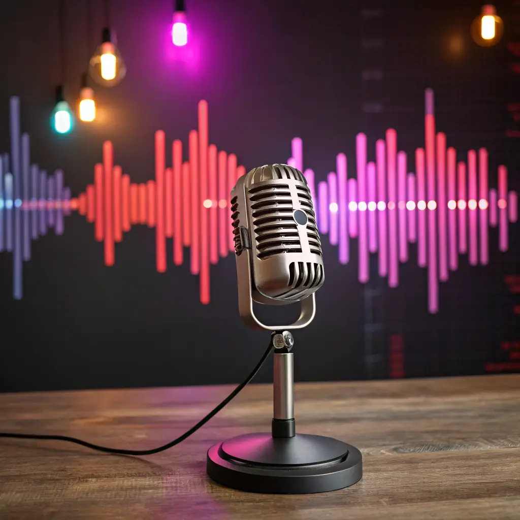 Podcast cover art featuring a microphone and musical notes.