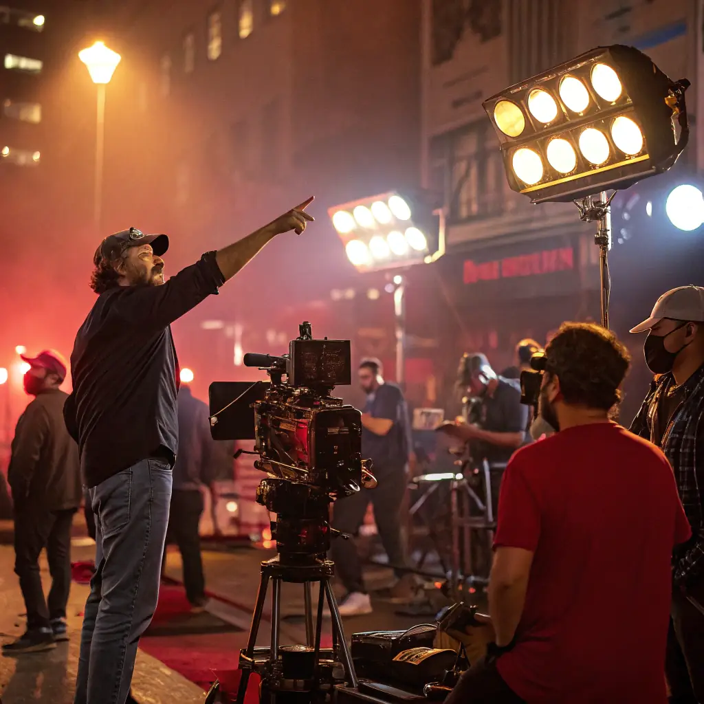 A full-width behind-the-scenes production still showing a camera operator, director, and on-set activity, capturing the energy and collaborative spirit of Blue Ribbon Take's filmmaking process.