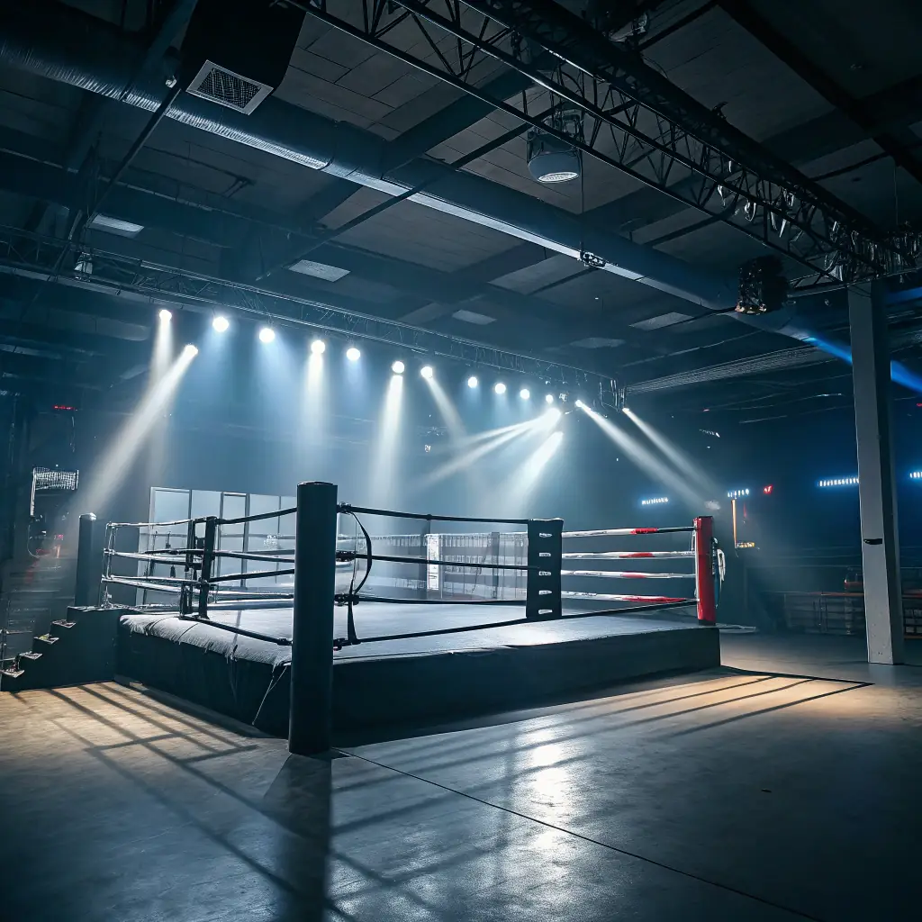 A vintage boxing gym interior with training equipment and a boxing ring, evoking a retro 80s atmosphere.