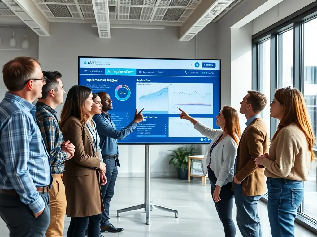 A modern office environment with people collaborating around a screen displaying AI voice assistant analytics, showcasing the integration of AI in daily business operations.