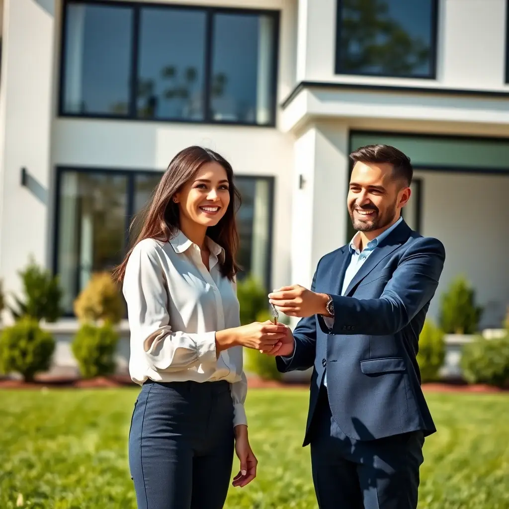 A realtor handing over keys to a happy client in front of a house, symbolizing a successful real estate transaction facilitated by Trustpoint's legal services.