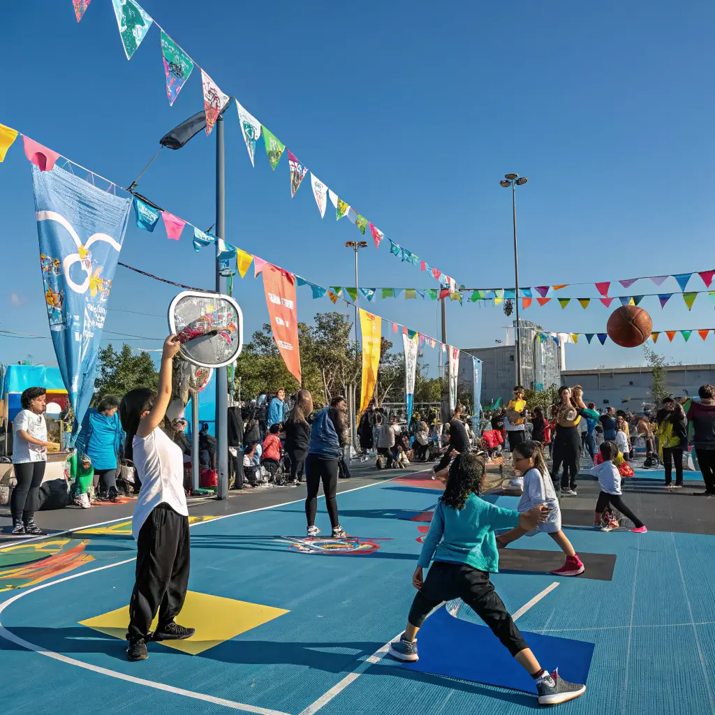 A dynamic group of athletes and community members participating in diverse sports activities, showcasing teamwork and personal achievement, set in a lively sports environment.