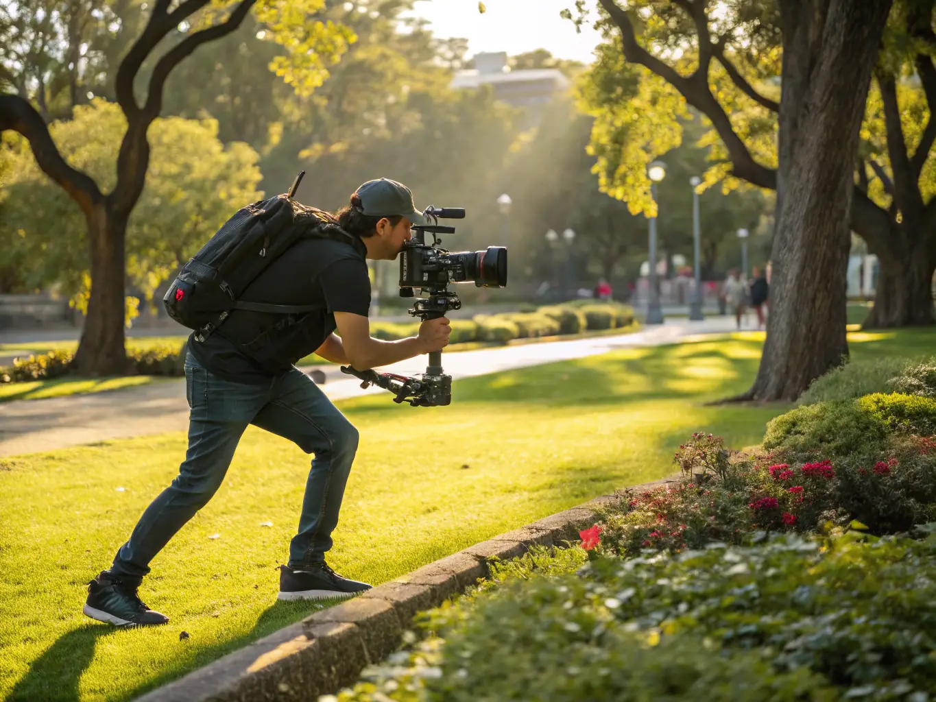 A dynamic image of a camera operator filming an outdoor event, emphasizing ground camera services for live events