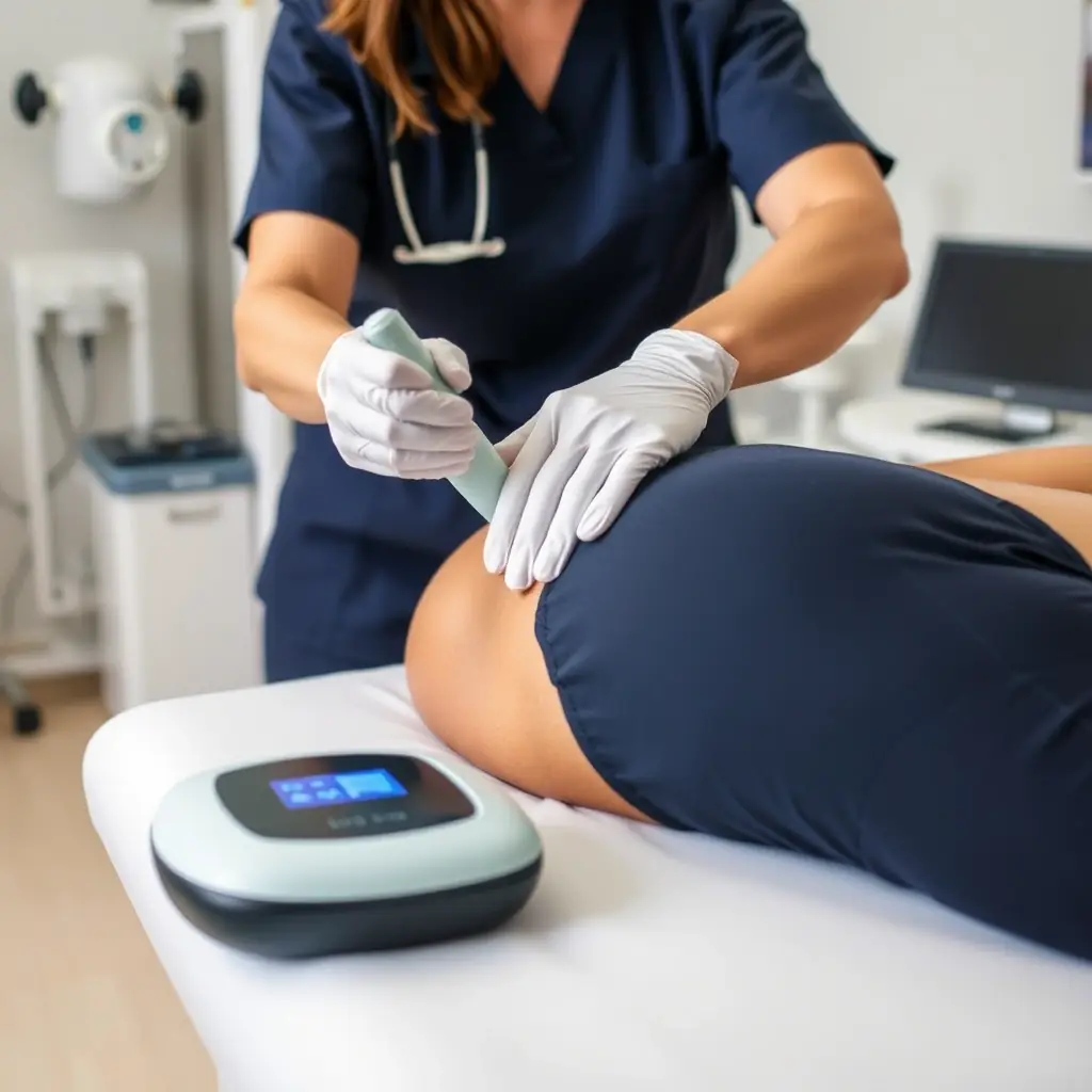 A physiotherapist carefully applying therapeutic ultrasound to a patient's lower back, with a focus on the professional environment and patient comfort.