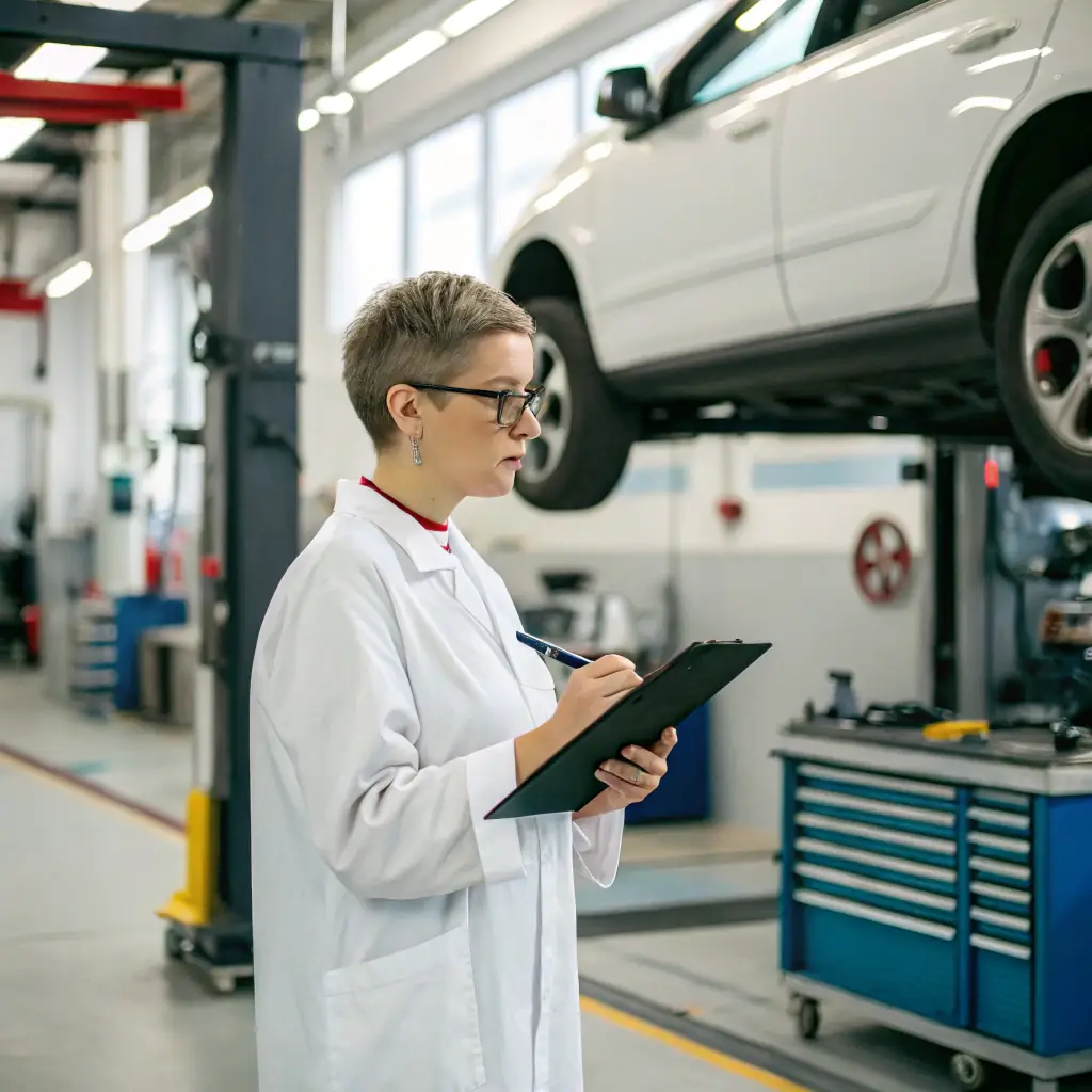 Fiona is a woman with a meticulous eye, wearing a lab coat and holding a clipboard.