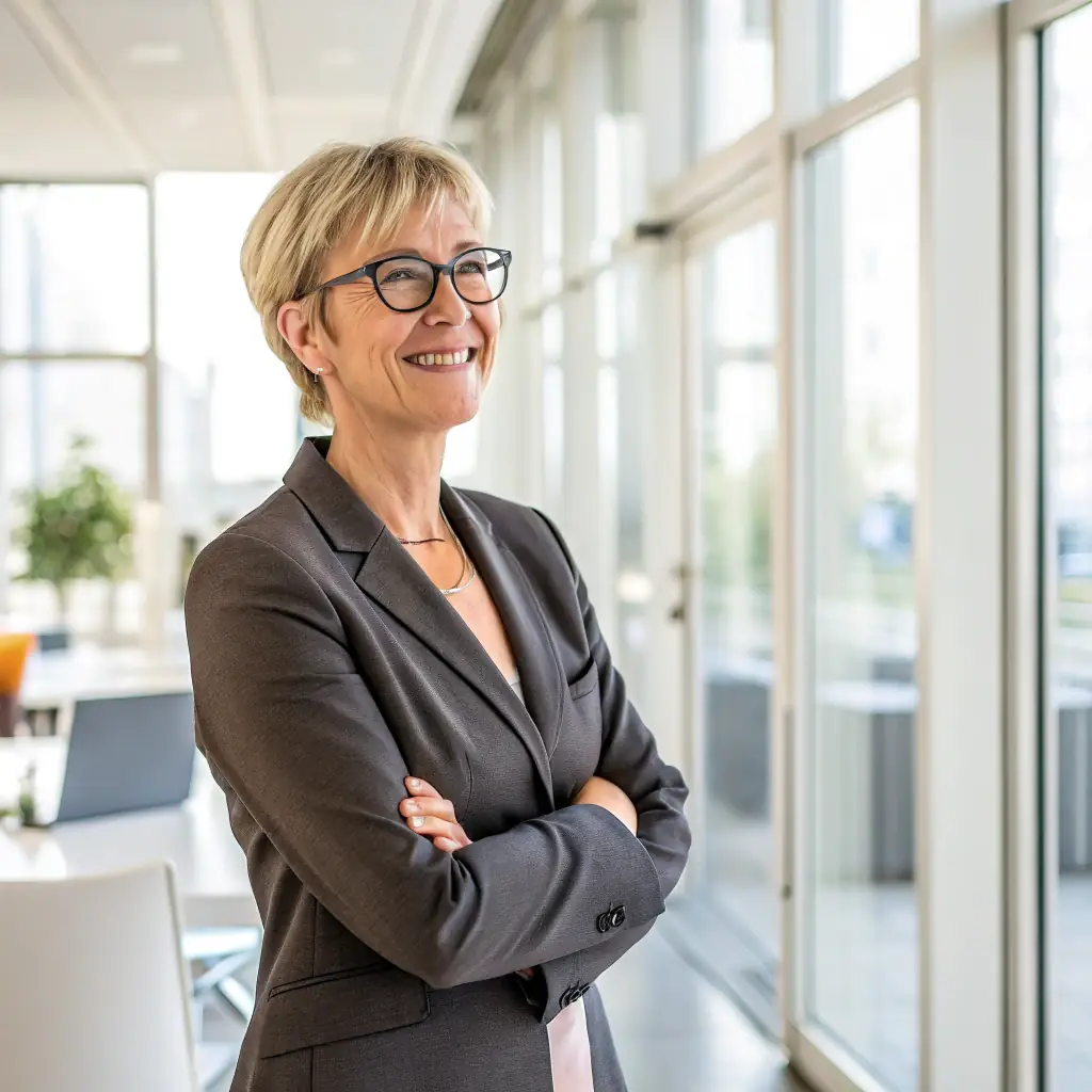 Alice is a woman with short blonde hair and glasses, wearing a professional blazer.