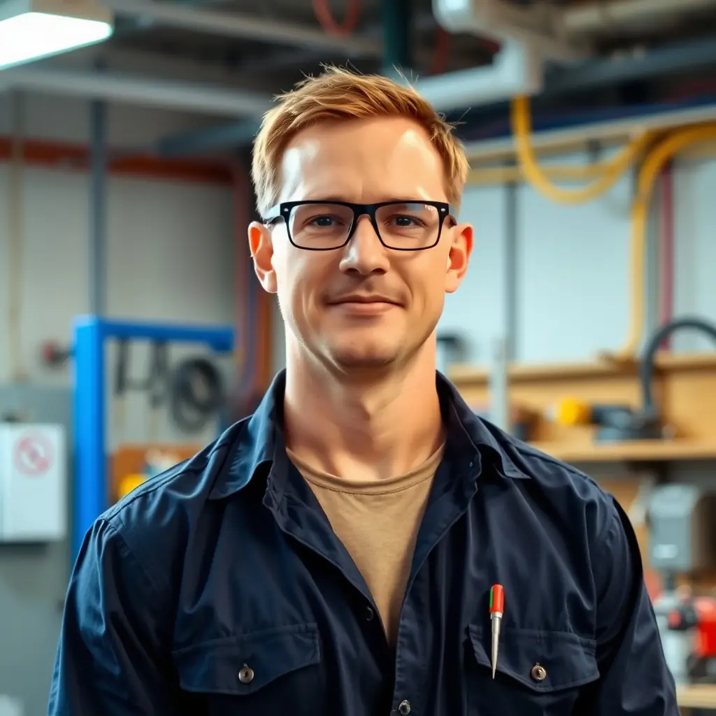 Ethan is a man with a focused expression, wearing safety glasses and a work shirt.