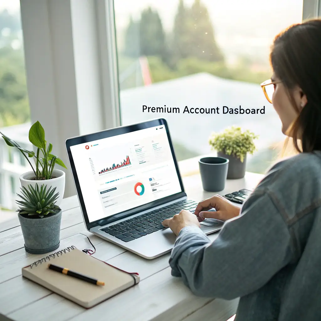 A person typing on a laptop, surrounded by digital product mockups and analytics dashboards, symbolizing the creation of SEO-optimized content for online digital products.