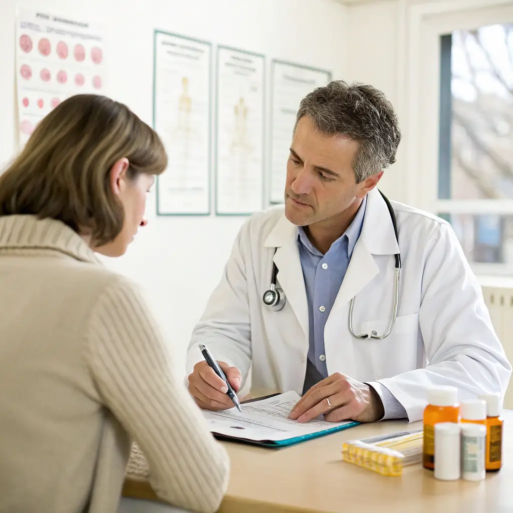 Image depicting a pharmacist in a clinical consultation with a patient and a doctor, discussing medication options and care plan in a brightly lit, modern pharmacy setting. The scene emphasizes collaboration and personalized care.