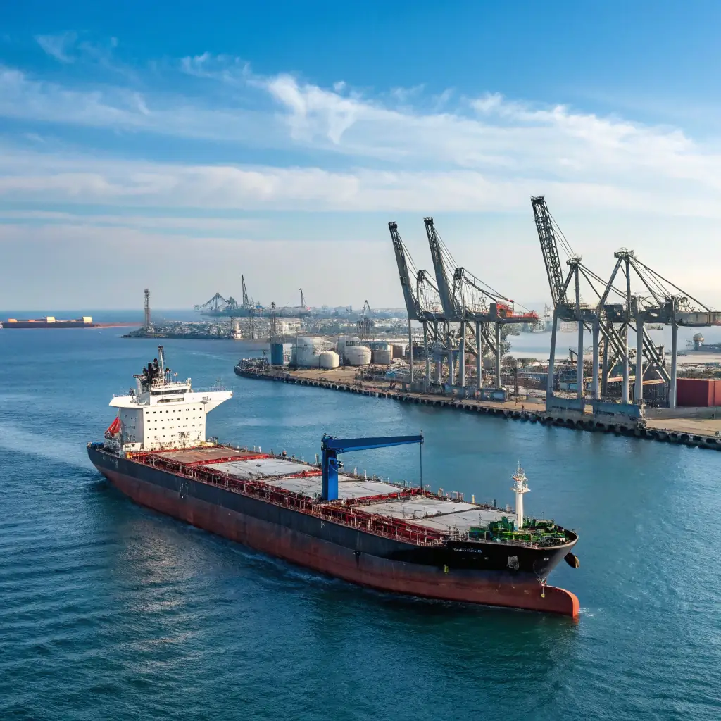 A modern aerial view of a busy seaport with numerous oil tankers loading and unloading cargo, emphasizing the scale and efficiency of Dagevos PRESTO's distribution network. The scene should be set during a clear day, with blue and gray tones dominating the color palette to align with the company's branding.