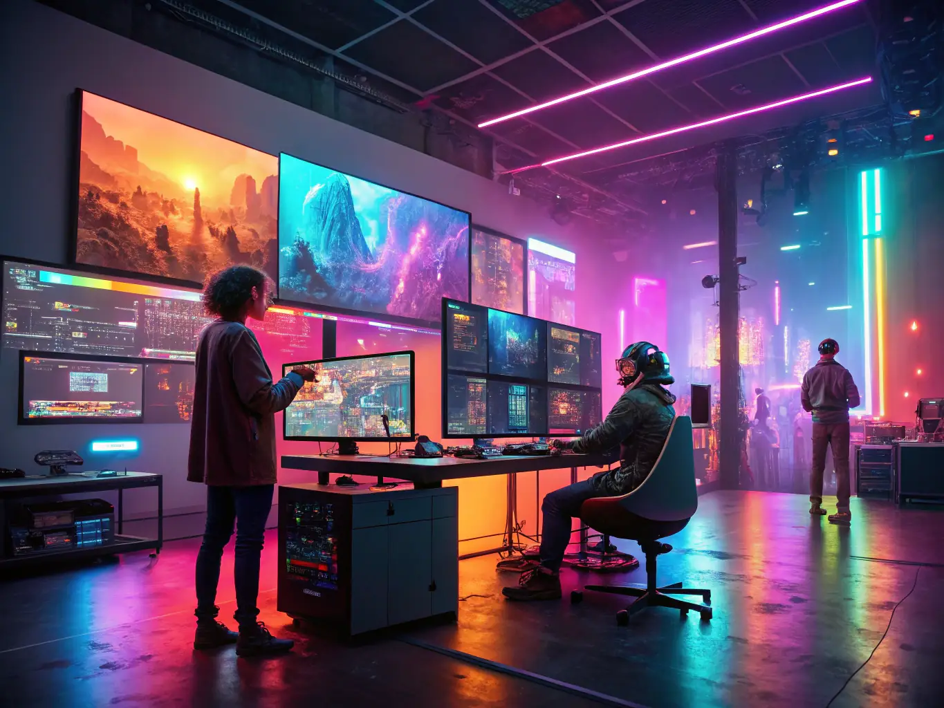 A sleek, modern digital workspace with AI elements and vibrant blue accents, symbolizing innovation and efficiency.