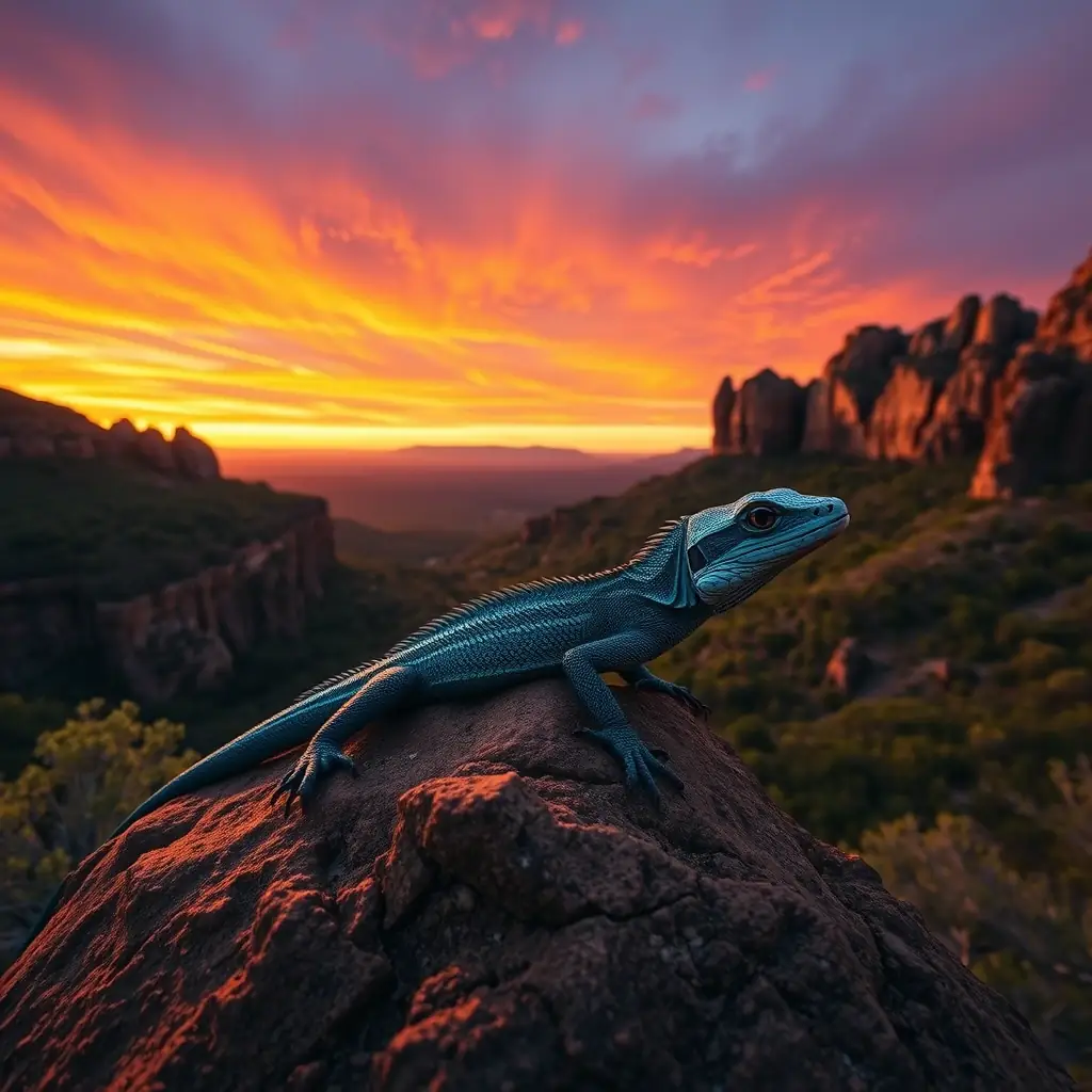 A panoramic view of Knights Bluff at sunset, highlighting the natural beauty and historical depth of the landscape. A subtle, stylized Blue Tailed Lizard is integrated into the foreground, symbolizing resilience and adaptability.