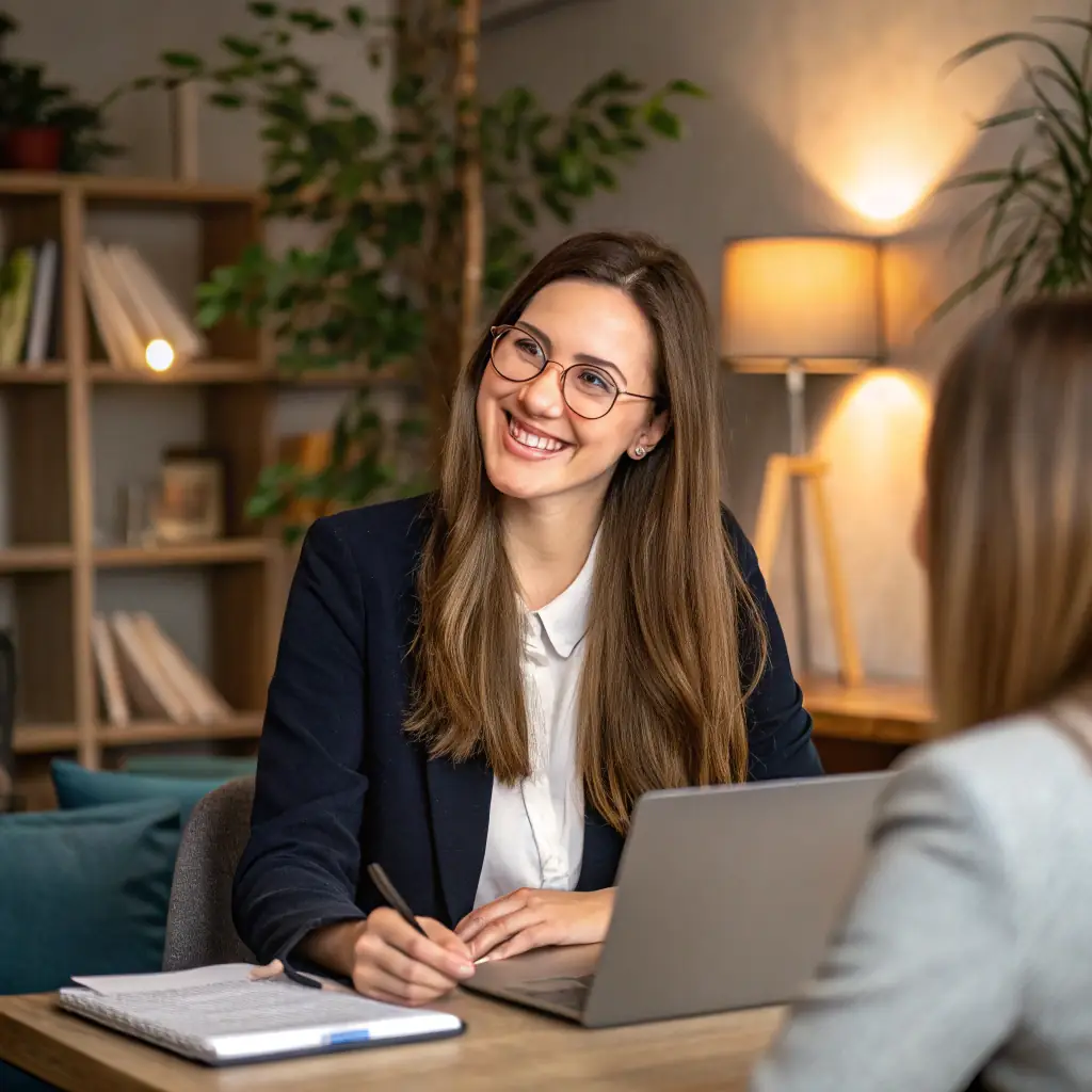 A consultant working with a client in a bright, modern office, discussing strategies and solutions with a compassionate and understanding demeanor. The image should convey trust, collaboration, and positive transformation.