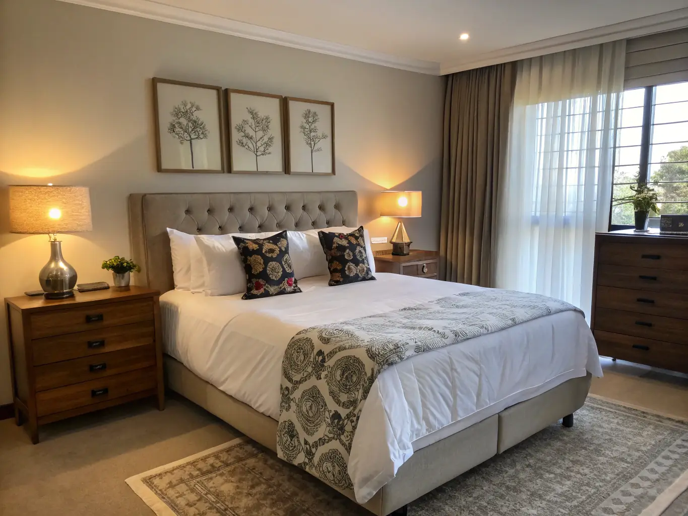 A modern bedroom with a king-size bed and a walk-in closet.