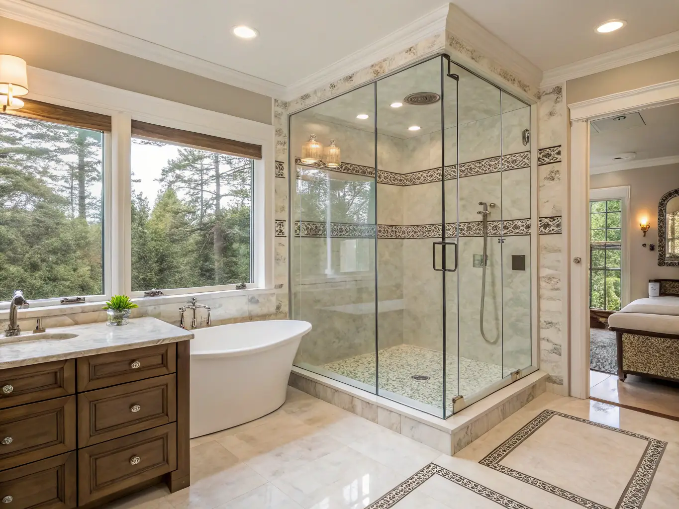 A modern bathroom with a walk-in shower and a soaking tub.