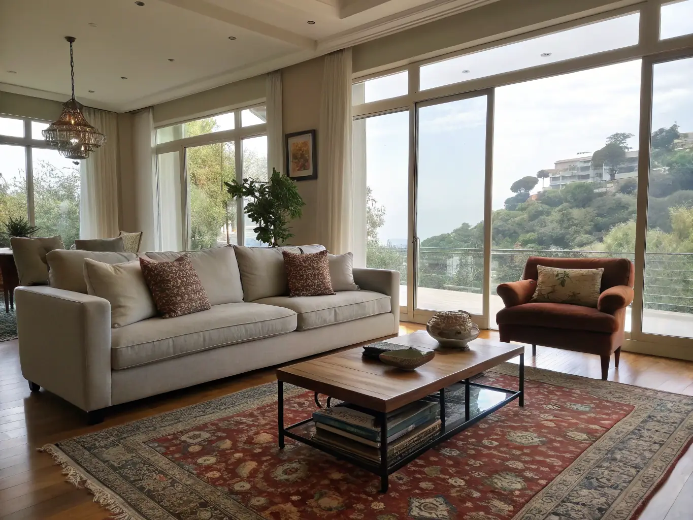 A modern living room with a large window and a comfortable sofa.
