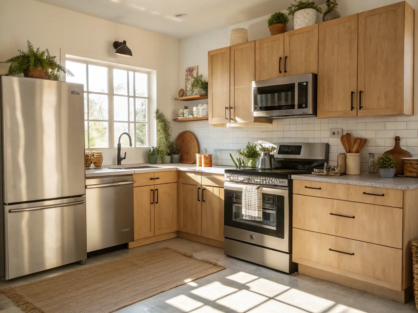 A modern kitchen with stainless steel appliances and a granite countertop.