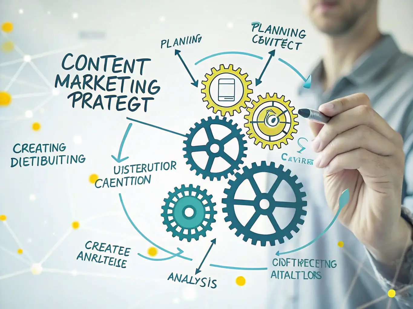 A diagram illustrating the video content marketing process, showing steps like planning, creation, optimization, distribution, and analysis.