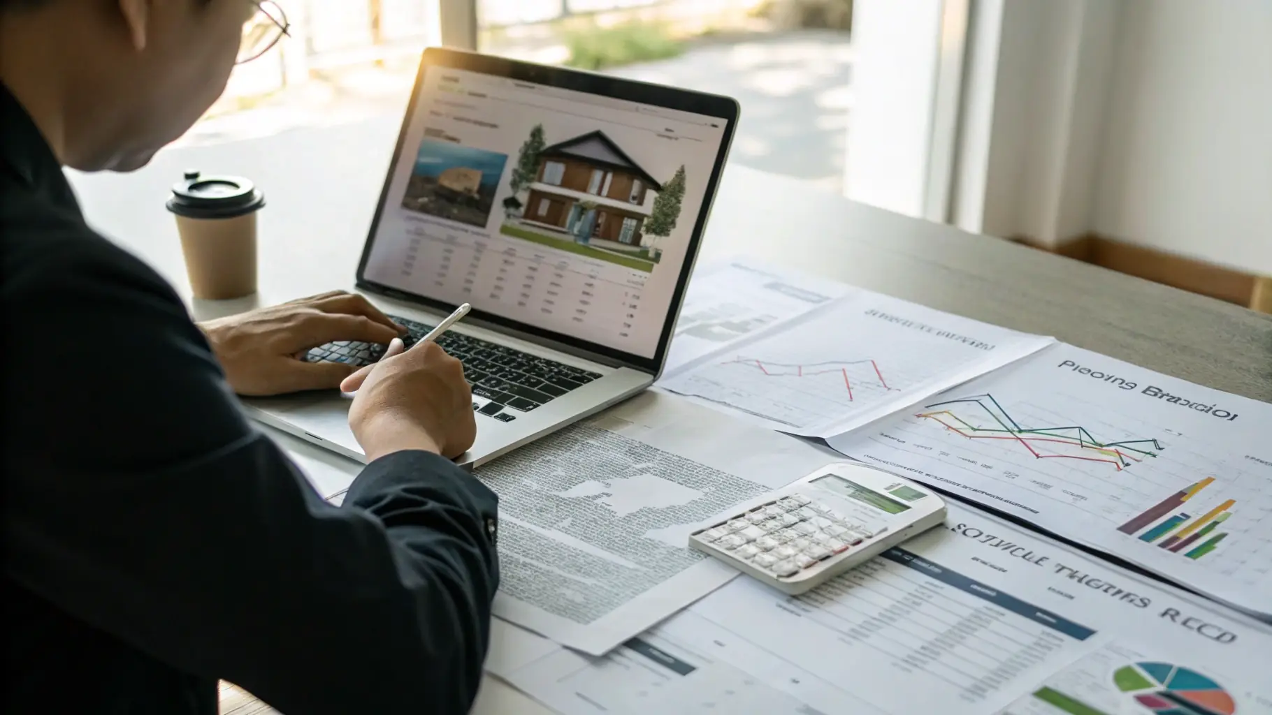 A real estate agent looking stressed and overwhelmed with papers and a laptop, contrasted with a streamlined, organized digital system.