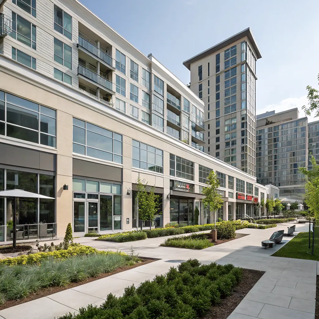 A clean, well-maintained strata property with freshly pressure-washed concrete surfaces, showcasing the positive impact of regular cleaning services.