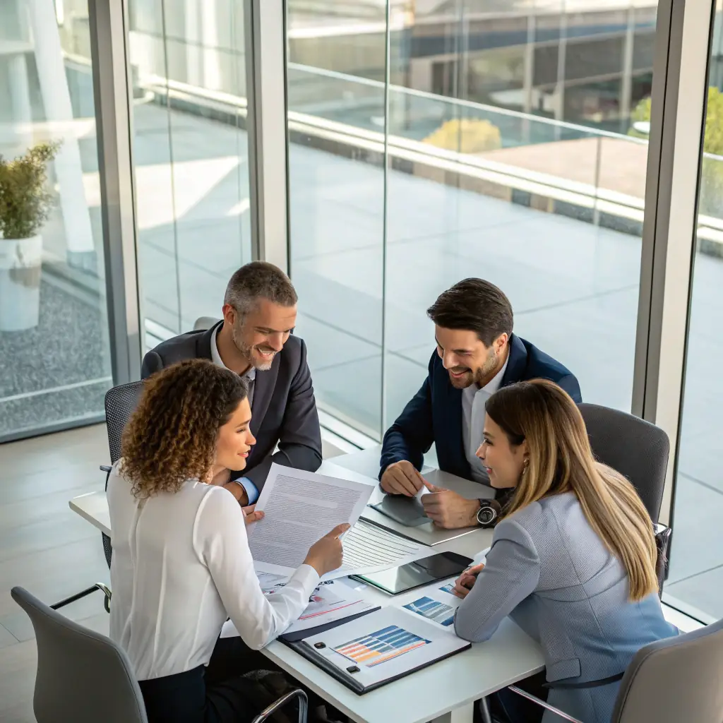 professional team collaborating over financial documents, with charts and deal documents in the background, representing expertise in private equity, credit, and investment banking