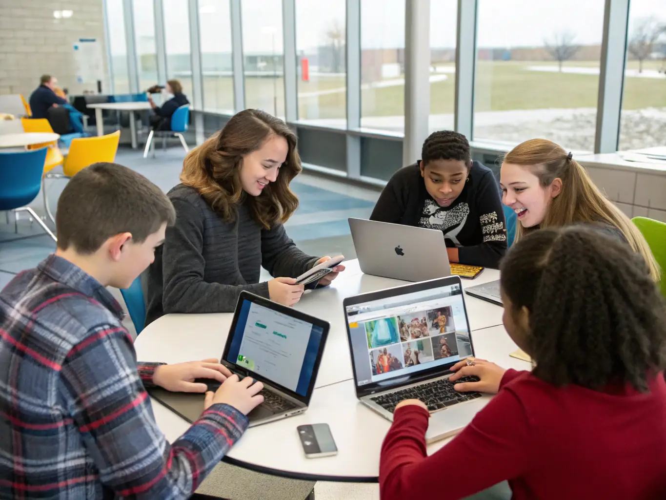 A dynamic image showcasing a blended learning environment, with some students physically present in a classroom setting while others participate remotely via video conferencing, all engaged in a collaborative AI project, highlighting the flexibility and inclusivity of the hybrid workshop model.