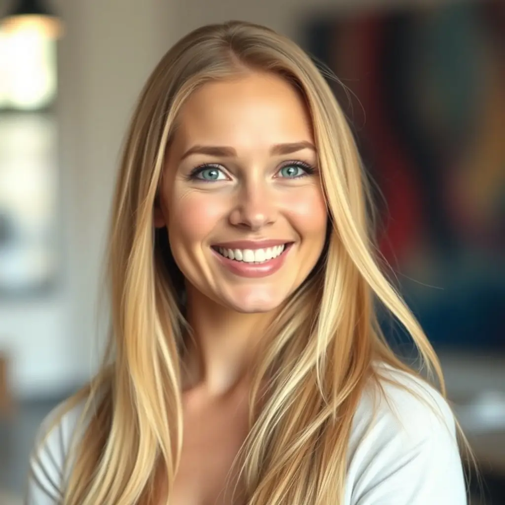 Sophie has long, flowing blonde hair and a vibrant, energetic presence.