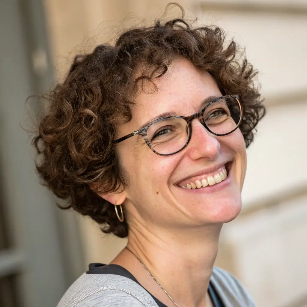 Amelie has short, curly brown hair and wears glasses, with a warm and inviting smile.