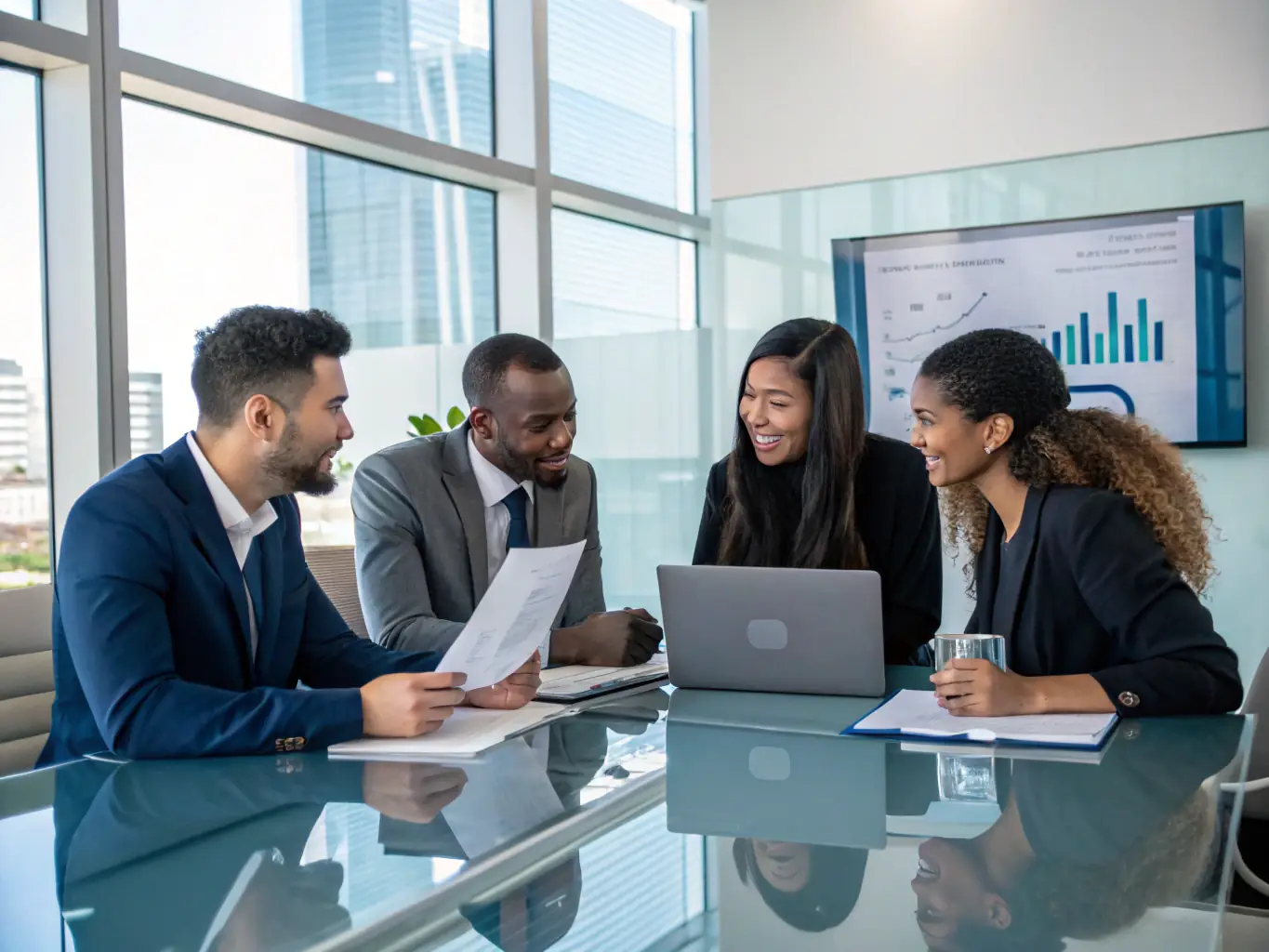 A professional team of policy researchers and digital governance experts collaborating on innovative solutions, depicted in a modern office setting