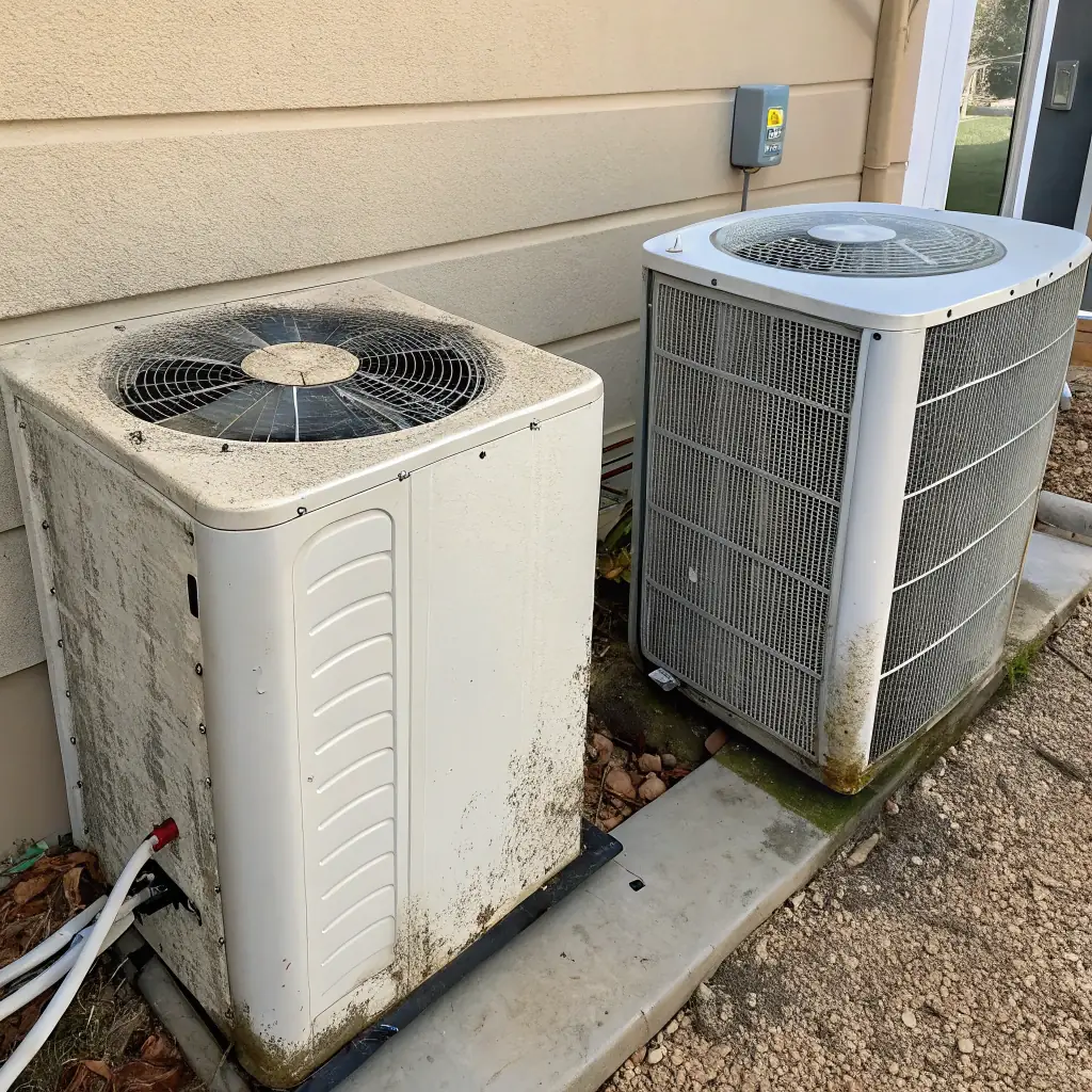 Split image showcasing a before-and-after comparison of an HVAC system, with the 'before' side showing worn and dirty components and the 'after' side displaying clean, new parts. The image should convey the dramatic improvement in system appearance and condition after a rebuild.