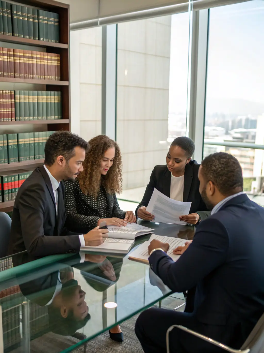 An image depicting a group of legal professionals participating in a training session, focused on updates to legal procedures, in a modern conference room setting.