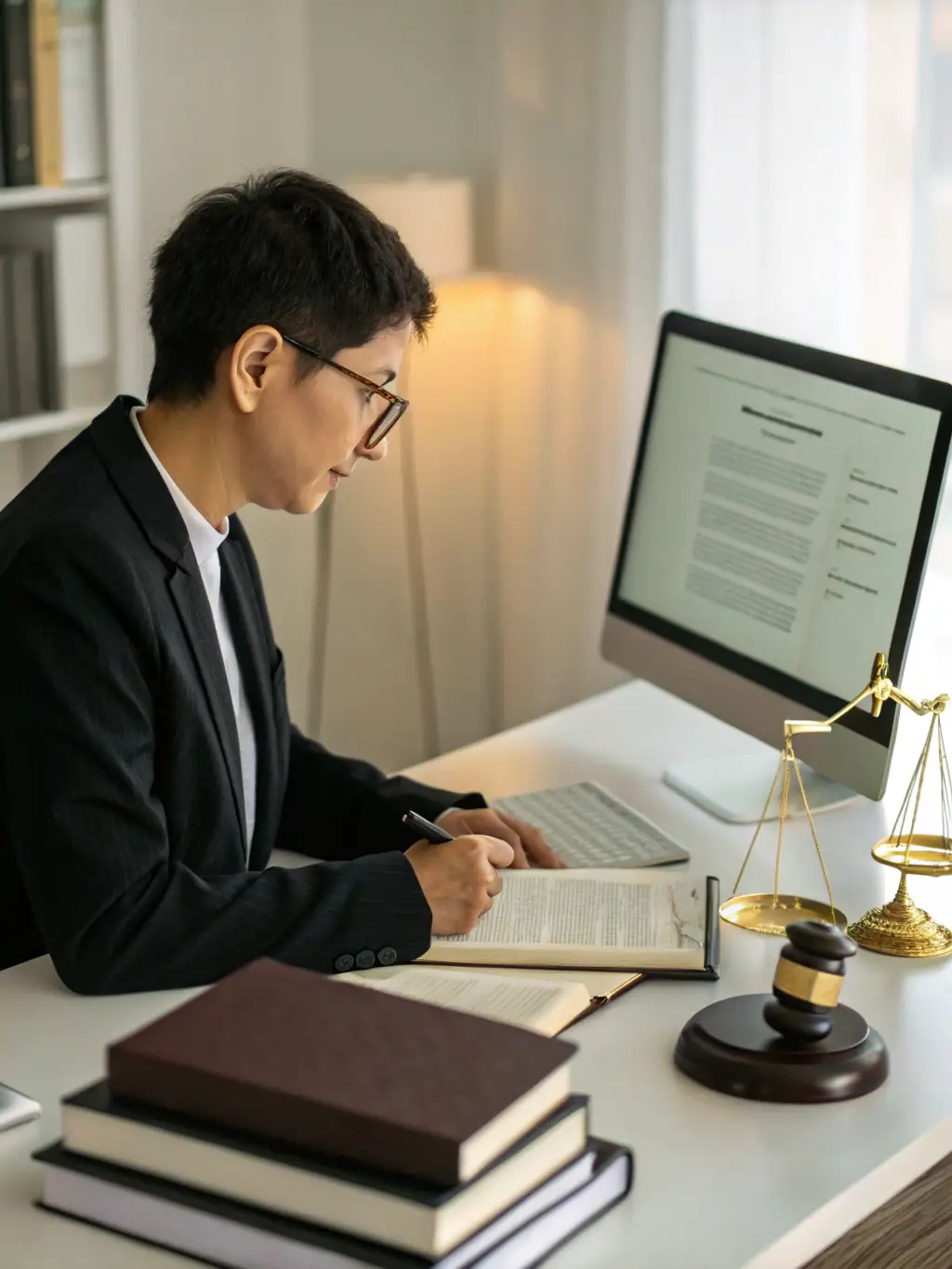 An image of a legal professional using technology to prepare legal documents, emphasizing the role of technology in modern legal assistance.
