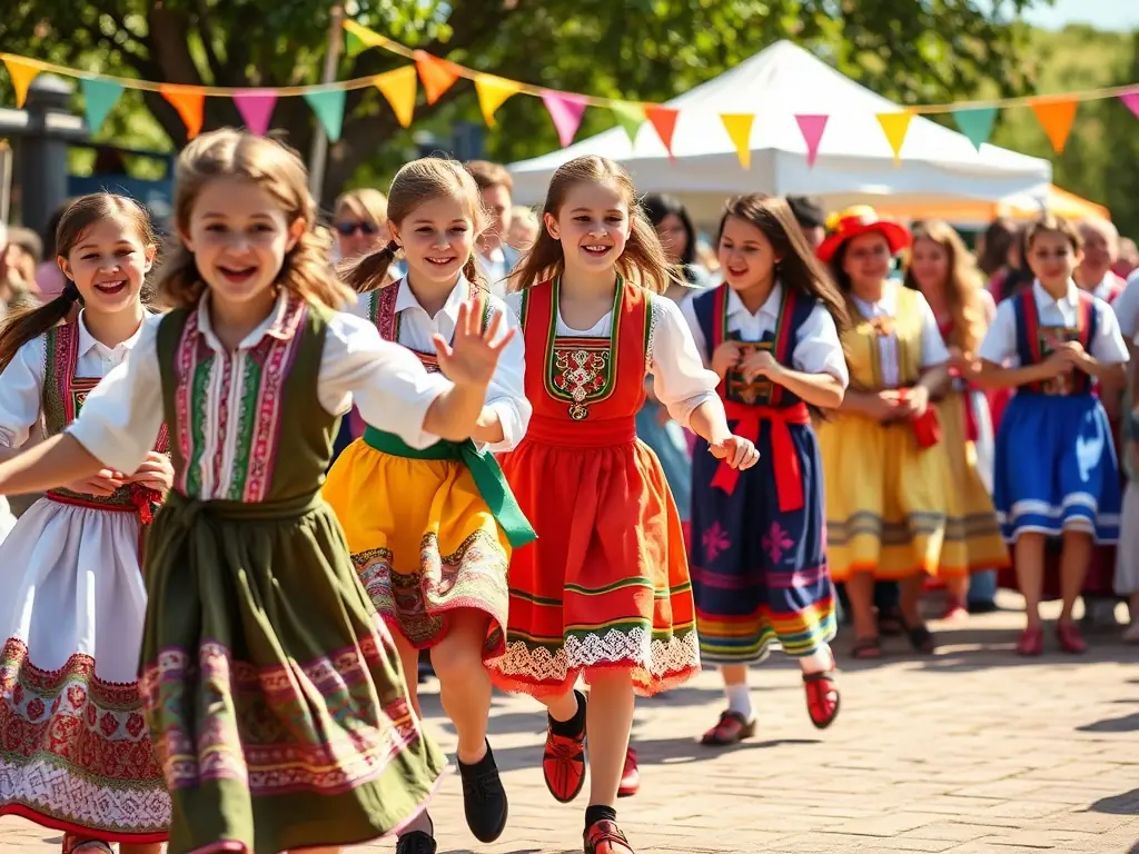 Group photo of children participating in a cultural dance workshop in a lush outdoor setting.