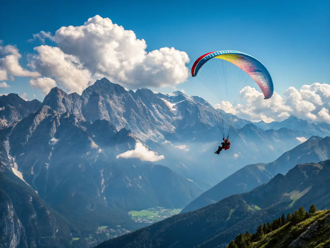 Aerial view of paragliding over scenic mountains during summer camp.