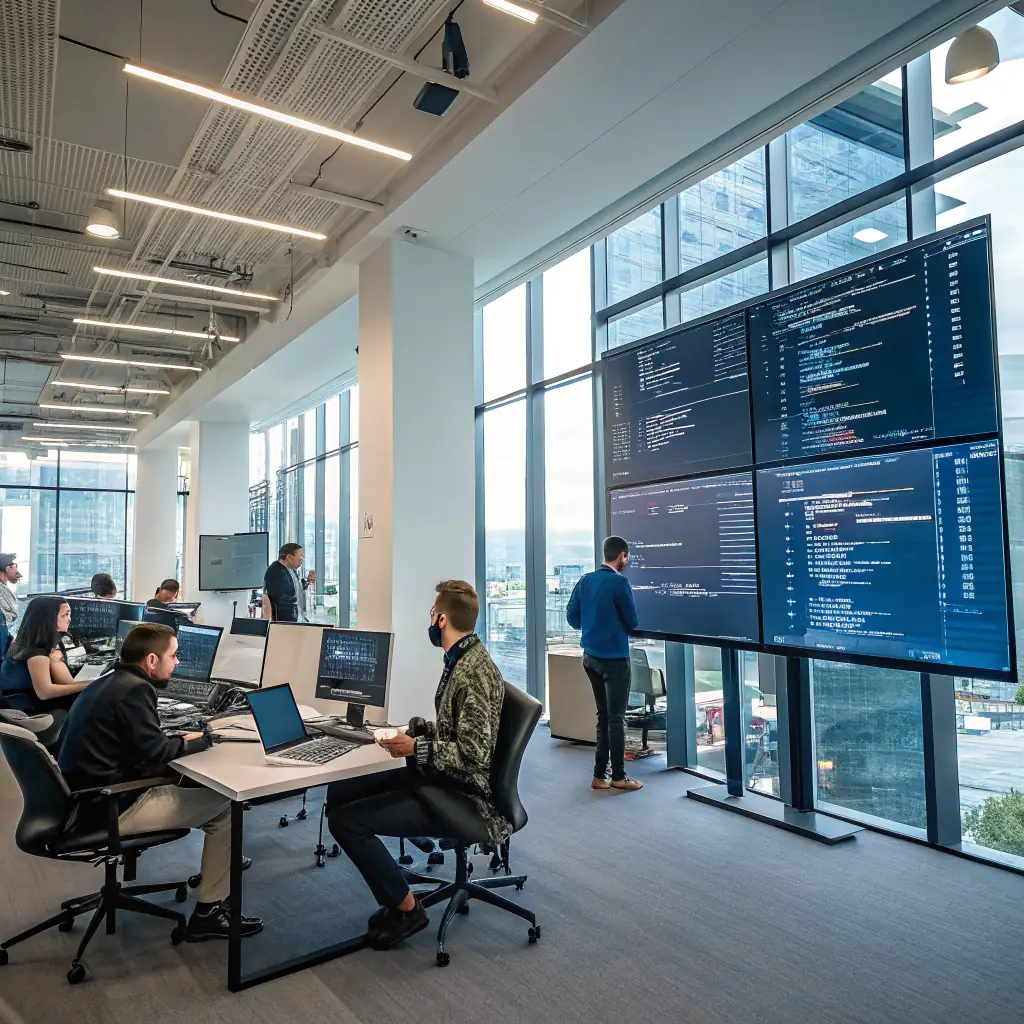 A dynamic and visually striking image showcasing a modern office environment with web developers collaborating around a large screen displaying lines of code and AI interfaces, reflecting OmegaQube's expertise in AI-powered web development.