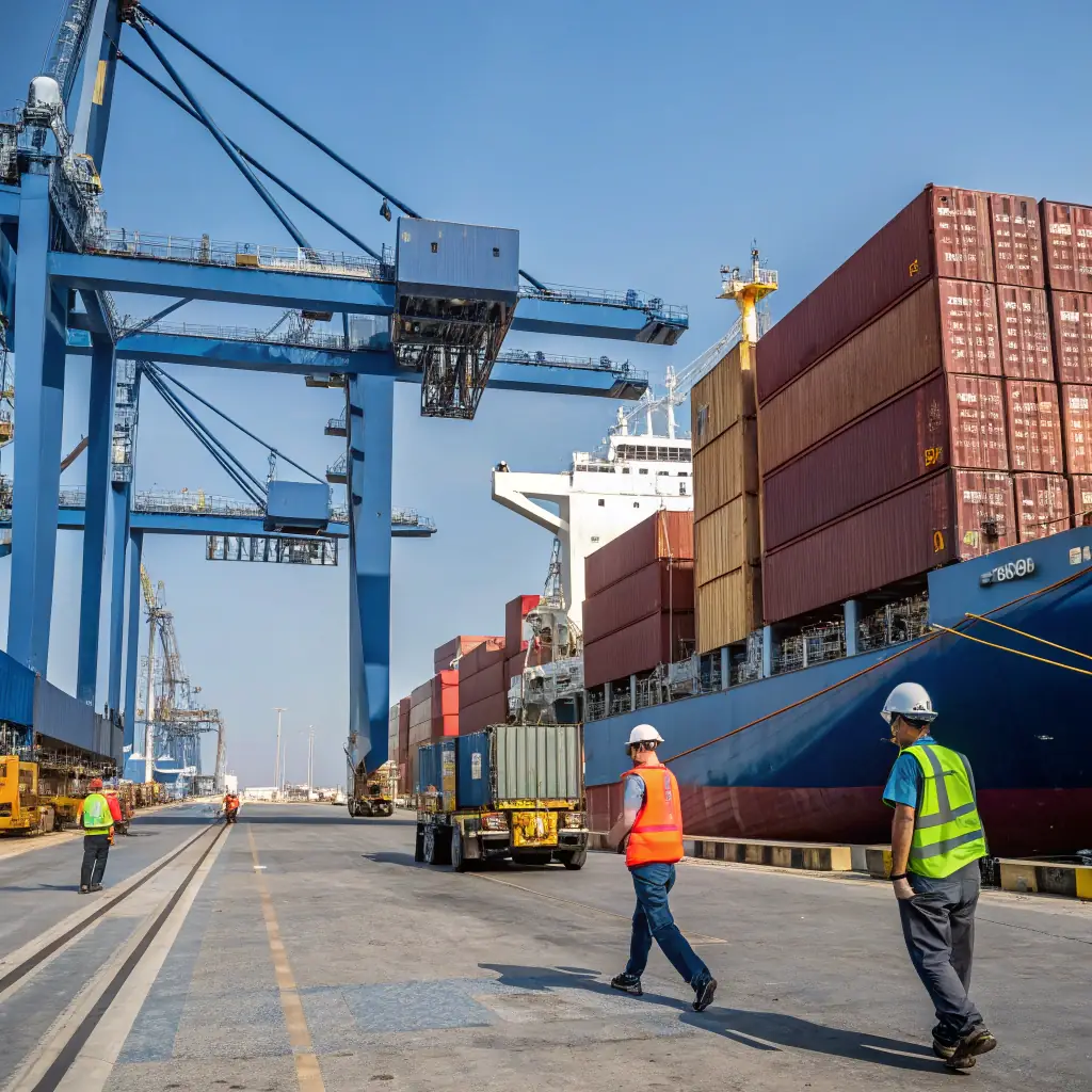 Image of a bustling trade port in Zimbabwe, showcasing containers being loaded onto ships and trucks, with the Canadian and Zimbabwean flags subtly displayed in the background.