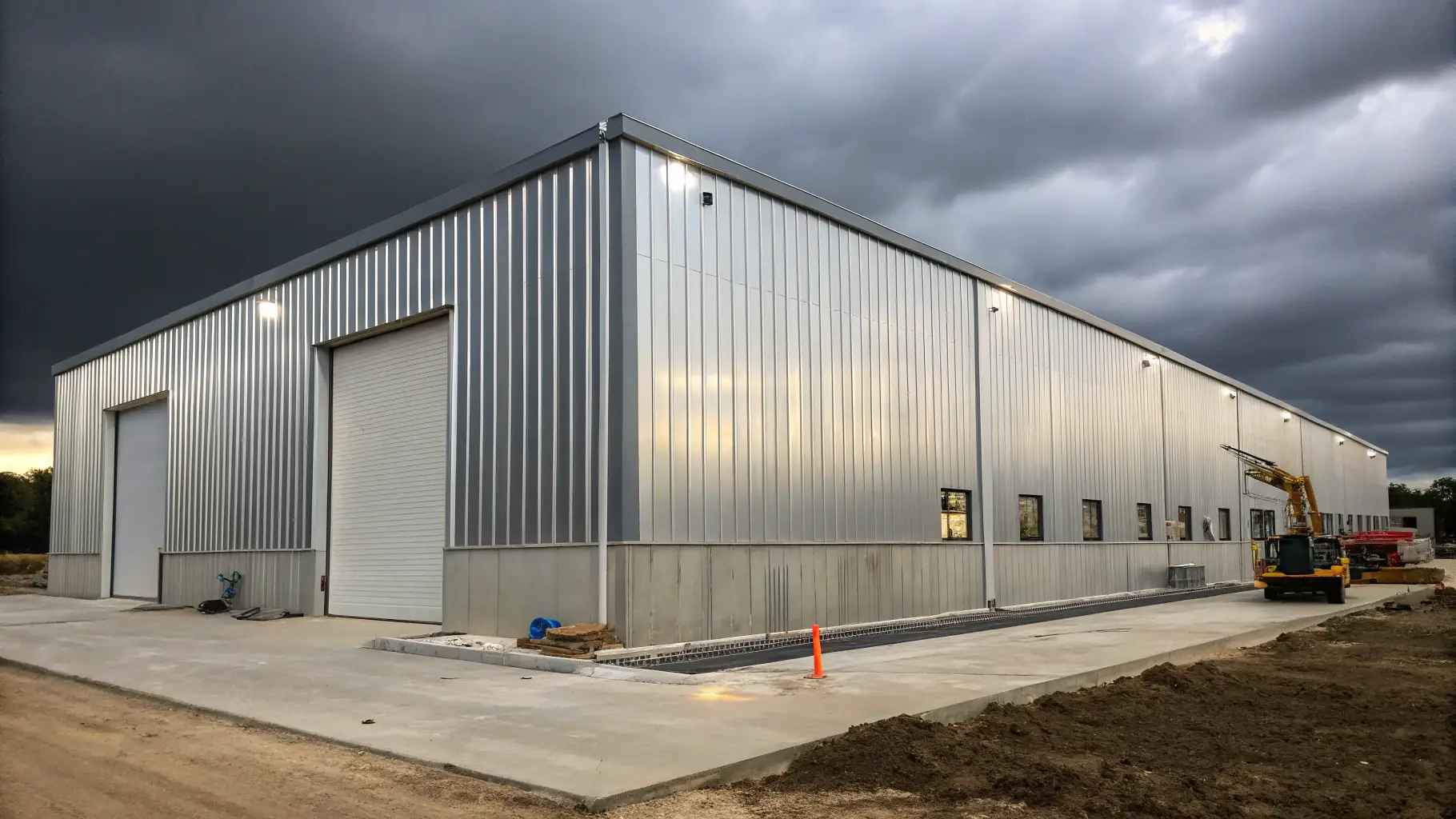 A professional industrial exterior finishing project showcasing weather-resistant siding and stucco on a large warehouse, emphasizing durability and craftsmanship
