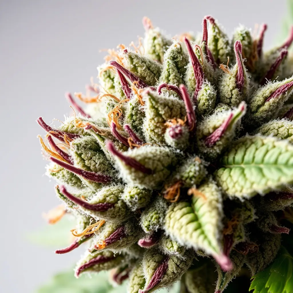 A close-up shot of Chem Dawg cannabis flower, showcasing its trichomes and vibrant colors, placed in a well-lit studio setting to emphasize its premium quality and appeal to cannabis enthusiasts.