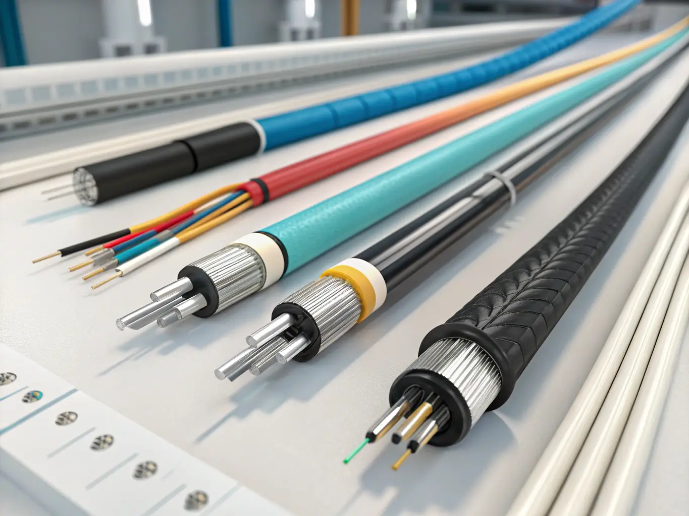 Detailed images of fiber optic cables, enclosures, and transceivers used in telecommunications infrastructure.