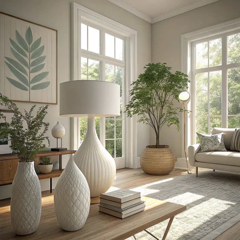 A brightly lit, minimalist living room featuring Modern Montessori decor items, including a sleek desk lamp, a calming art print, and a child playing with a Montessori toy on a soft, neutral-toned rug. The scene evokes a sense of peace and intentionality.