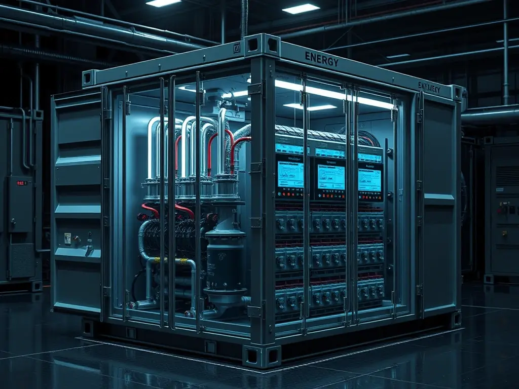 A high-tech container with liquid cooling system, batteries, and monitoring equipment, designed for utility-scale energy storage.